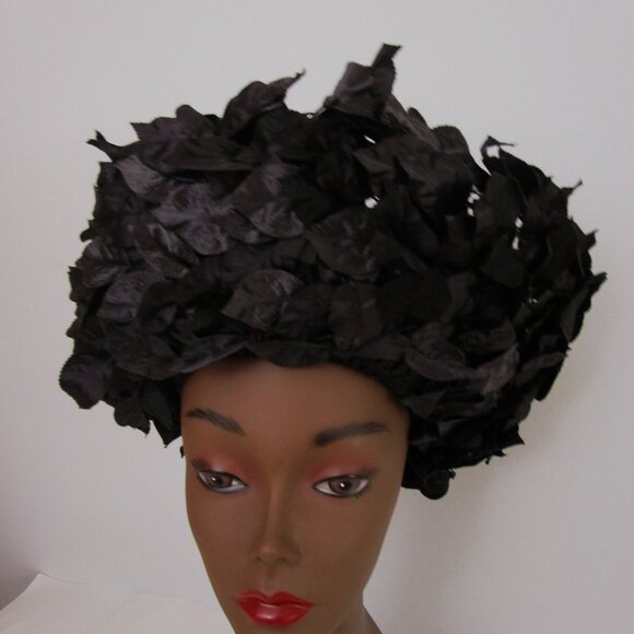 Tall Breton Hat Vintage Black Parasisal Straw Silk Leaves Church - Picture 3 of 10